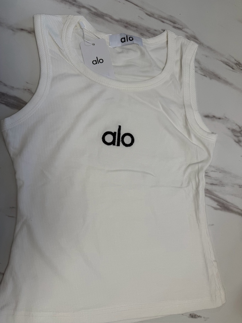 ALO Yoga White Ribbed Tank Top with Black Logo - Picture 3 of 3